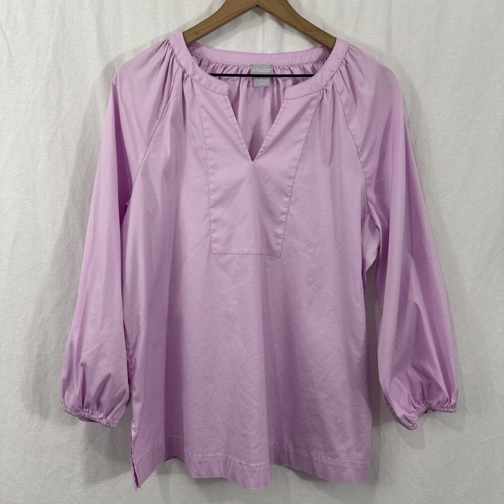 Chicos Poplin Pink Balloon Sleeve Popover Top Womens Sz 12/14 Career Colorful